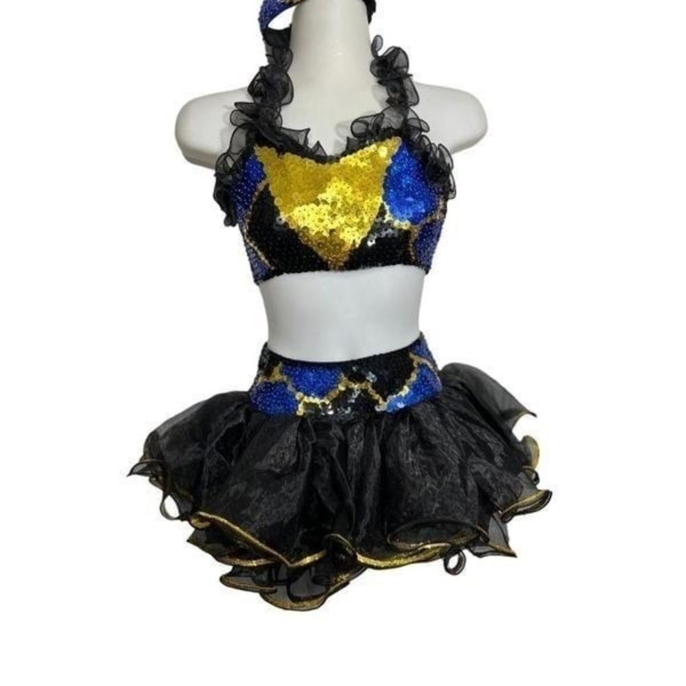 Kelle Mock Neck Halter Dance Costume Girls Medium CM 6pc Black Blue Gold Pageant